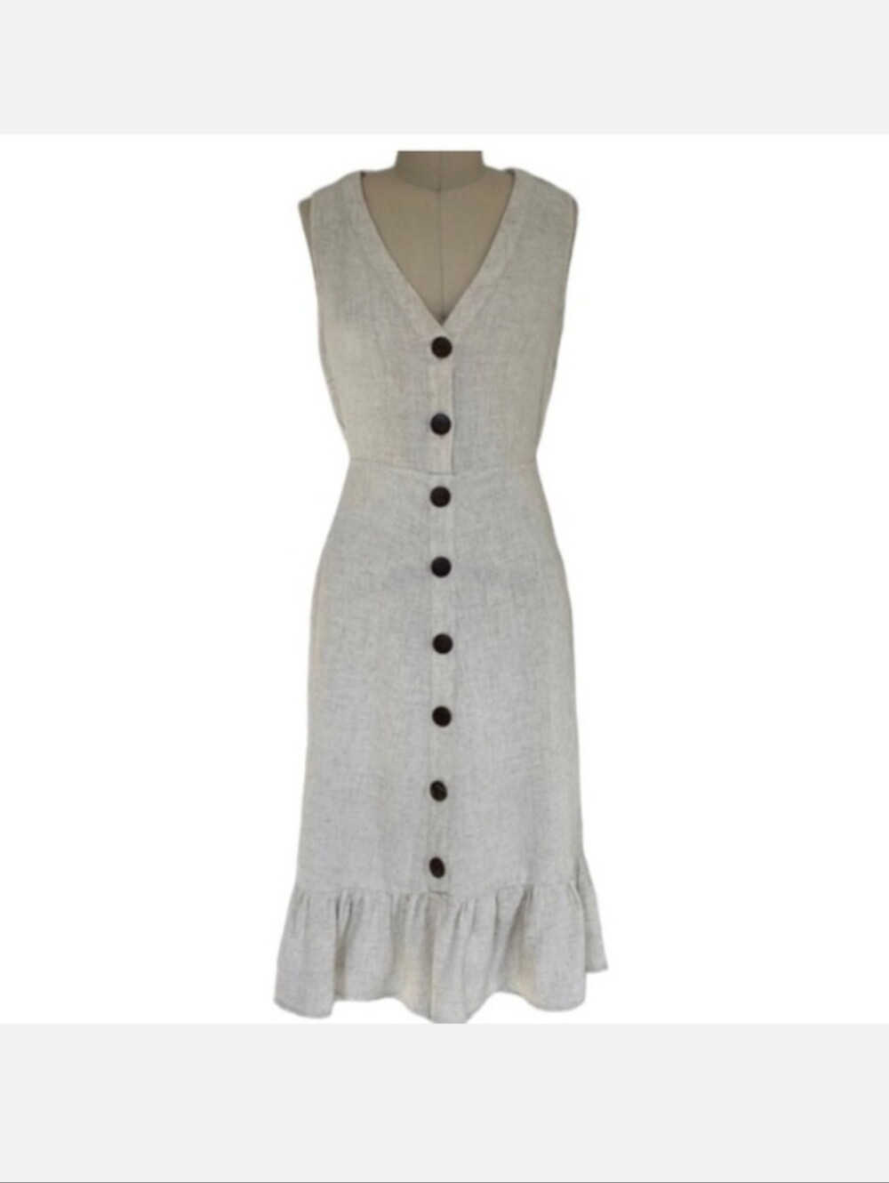 Sleeveless Button-Front Linen Midi Dress in Light Beige